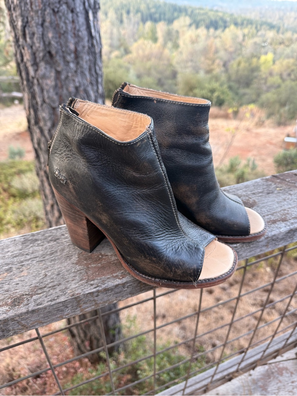 Bed Stu Black Leather Peep-Toe Ankle Booties with Stacked Wood Heel